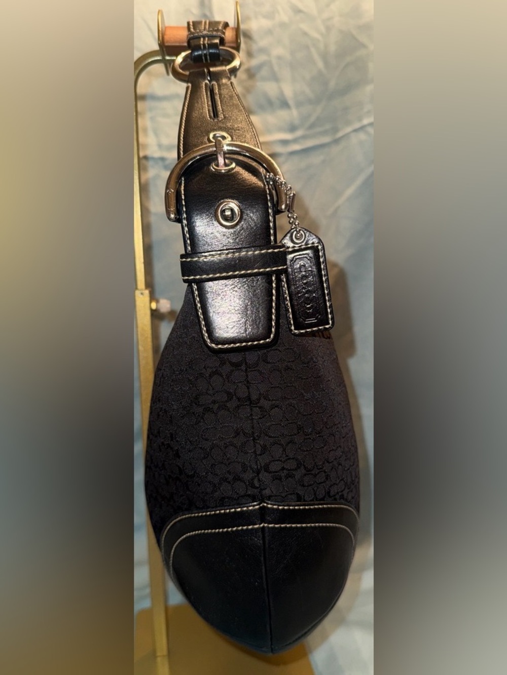 Coach Black Signature Mini C’s Jacquard Hobo with Leather Trim & White Stitching - Picture 6 of 15